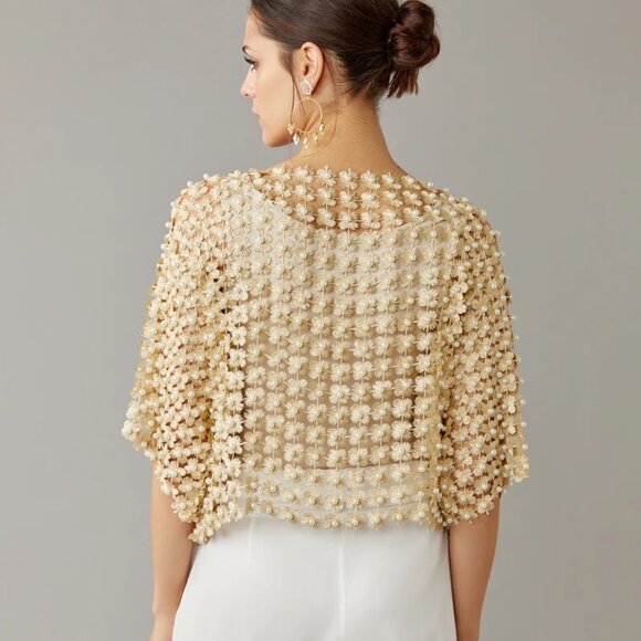NWT Pearl Embellished Crochet Top, Gold Floral Embroidery Detail, flaw - Picture 3 of 13